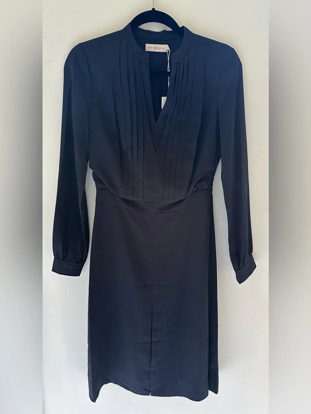 NWT, Tory Burch Navy Blue Pleated V-Neck Long Sleeve Dress